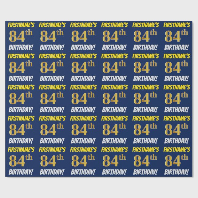 Papier Cadeau Bleu, Faux/Imitation Or, "84e anniversaire" (Plat)