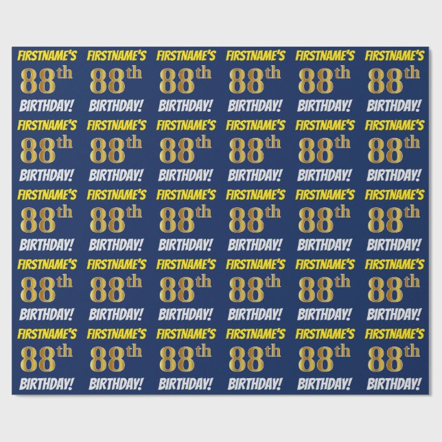 Papier Cadeau Bleu, Faux/Imitation Or, "88e ANNIVERSAIRE" (Plat)