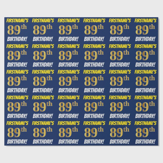 Papier Cadeau Bleu, Faux/Imitation Or, "89e ANNIVERSAIRE" (Plat)