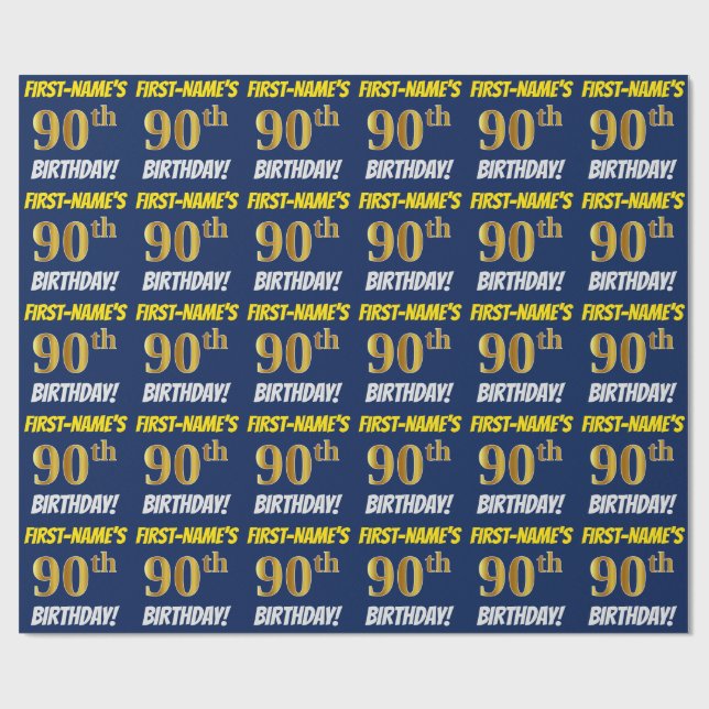 Papier Cadeau Bleu, Faux/Imitation Or, "90e ANNIVERSAIRE" (Plat)