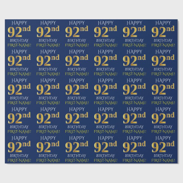 Papier Cadeau Bleu, Faux Or "HAPPY 92nd BIRTHDAY" (Plat)