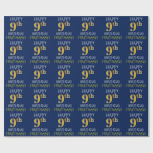 Papier Cadeau Bleu, Faux Or "HAPPY 9th BIRTHDAY"