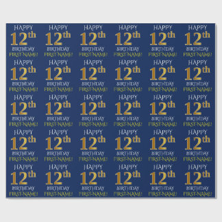Papier Cadeau Bleu, Faux Or "HEUREUX 12ème anniversaire"