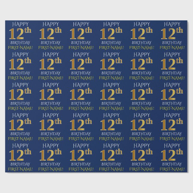 Papier Cadeau Bleu, Faux Or "HEUREUX 12ème anniversaire" (Plat)
