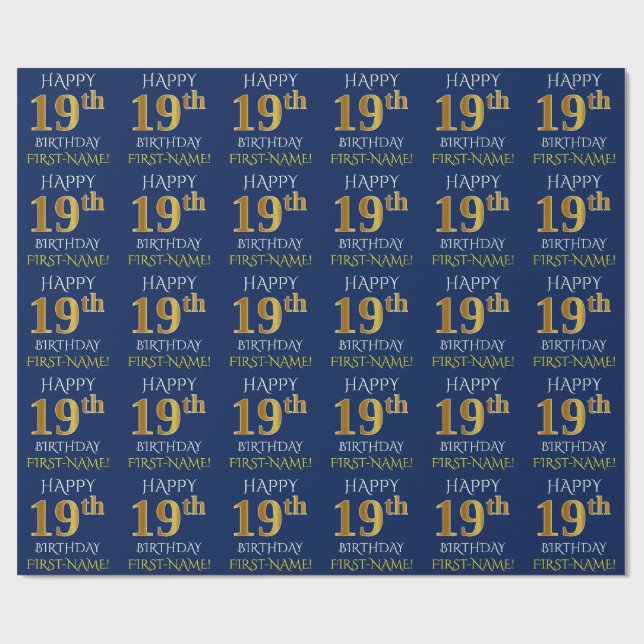 Papier Cadeau Bleu, Faux Or "HEUREUX 19ème anniversaire" (Plat)