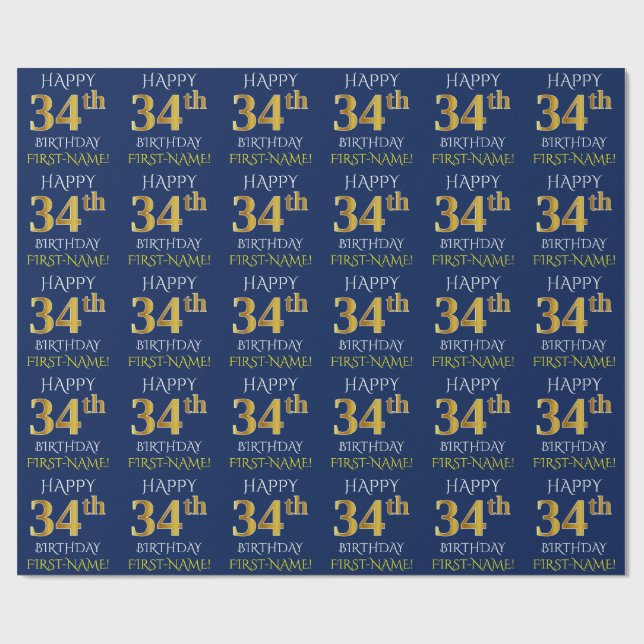 Papier Cadeau Bleu, Faux Or "HEUREUX 34ème anniversaire" (Plat)