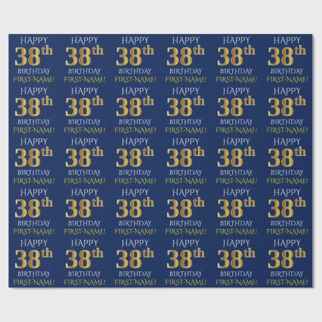 Papier Cadeau Bleu, Faux Or "HEUREUX 38ème anniversaire" (Plat)