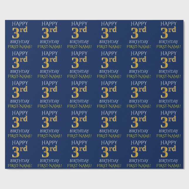 Papier Cadeau Bleu, Faux Or "HEUREUX 3ème anniversaire" (Plat)
