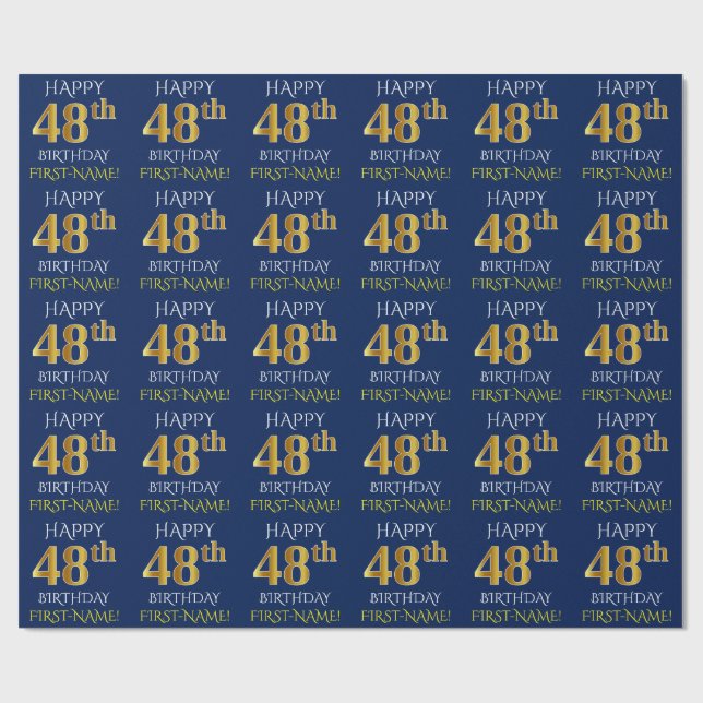 Papier Cadeau Bleu, Faux Or "HEUREUX 48ème anniversaire" (Plat)