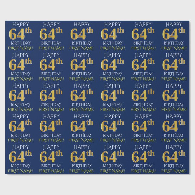 Papier Cadeau Bleu, Faux Or "HEUREUX 64ème anniversaire" (Plat)