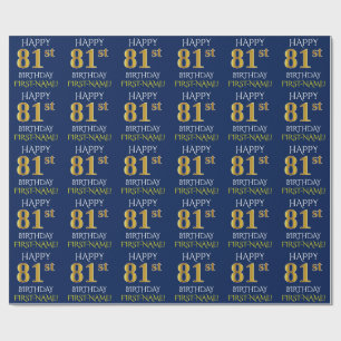 Papier Cadeau Bleu, Faux Or "HEUREUX 81ème ANNIVERSAIRE"