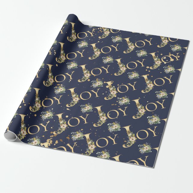 Papier Cadeau Bleu floral de parties scintillantes d'or de joie (Déroulé)