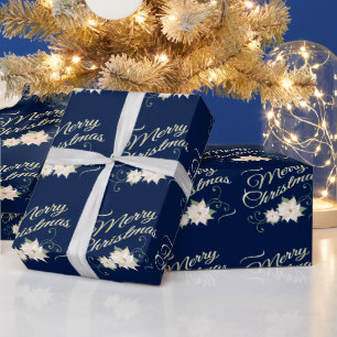 Papier Cadeau Bleu foncé Élégant Joyeux Noël Blanc Poinsetti
