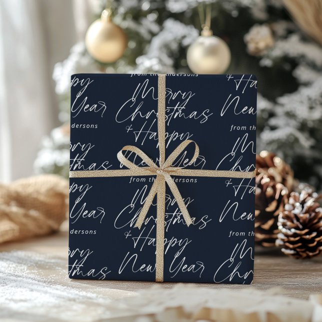Papier Cadeau Bleu foncé Moderne Joyeux Noël & Bonne Année (Créateur téléchargé)