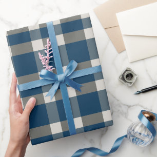 Papier Cadeau Bleu Gris Blanc Buffle Check