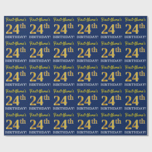 Papier Cadeau Bleu, Imitation Gold Look "24e anniversaire"