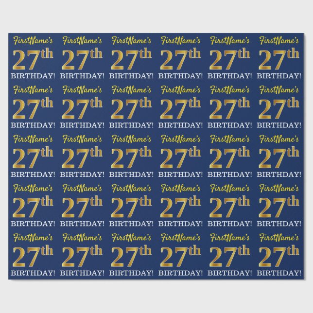 Papier Cadeau Bleu, Imitation Gold Look "27th BIRTHDAY" (Plat)