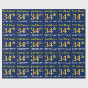 Papier Cadeau Bleu, Imitation Gold Look "34e anniversaire"