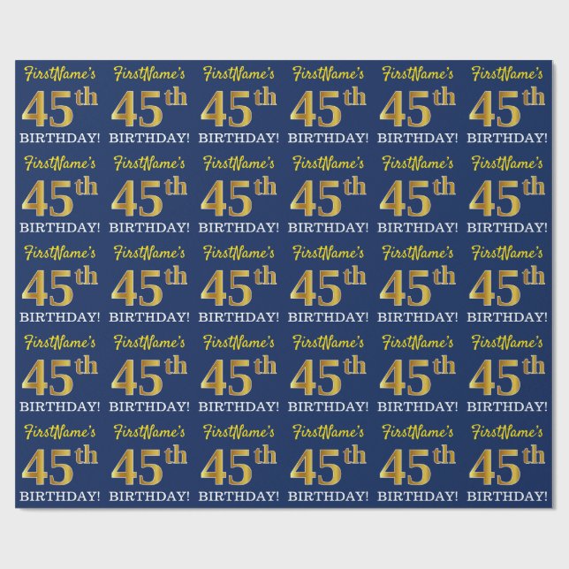 Papier Cadeau Bleu, Imitation Gold Look "45ème anniversaire" (Plat)