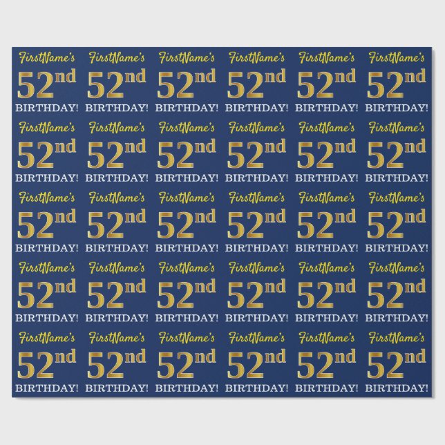 Papier Cadeau Bleu, Imitation Gold Look "52e anniversaire" (Plat)