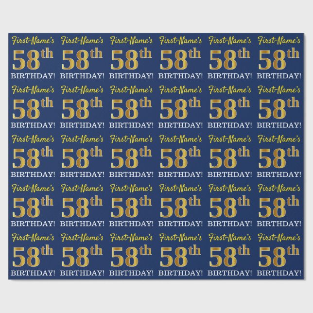 Papier Cadeau Bleu, Imitation Gold Look "58ème anniversaire" (Plat)
