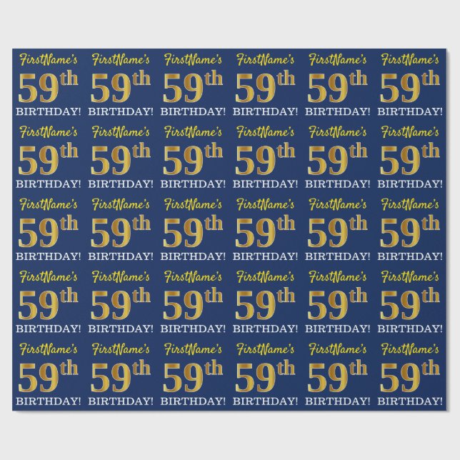 Papier Cadeau Bleu, Imitation Gold Look "59ème anniversaire" (Plat)