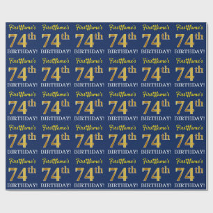 Papier Cadeau Bleu, Imitation Gold Look "74e anniversaire"