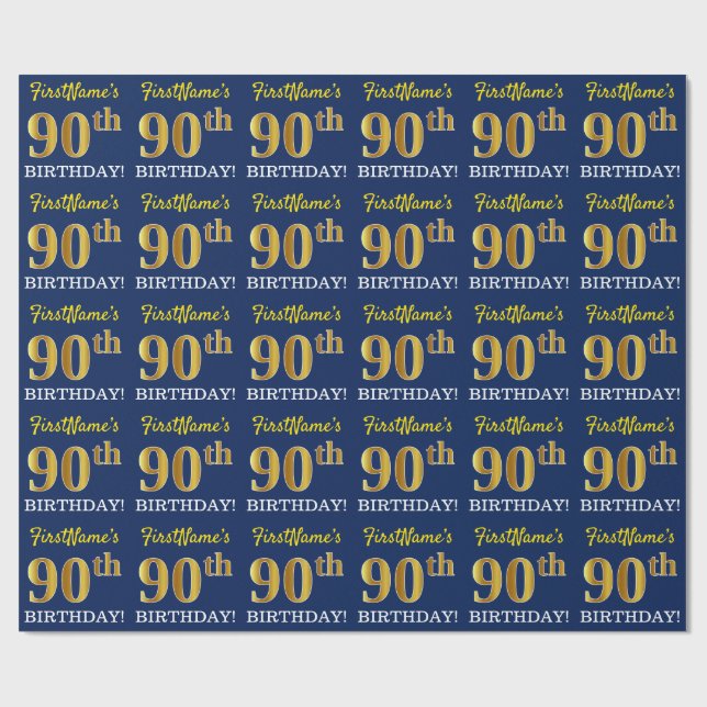 Papier Cadeau Bleu, Imitation Gold Look "90ème anniversaire" (Plat)