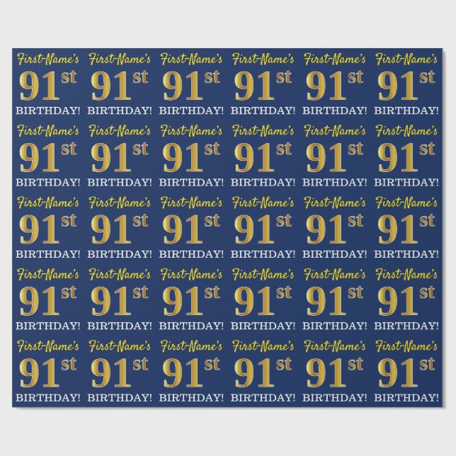 Papier Cadeau Bleu, Imitation Gold Look "91ème anniversaire" (Plat)
