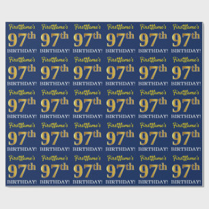 Papier Cadeau Bleu, Imitation Gold Look "97e anniversaire"