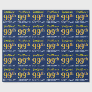 Papier Cadeau Bleu, Imitation Gold Look "99ème anniversaire"
