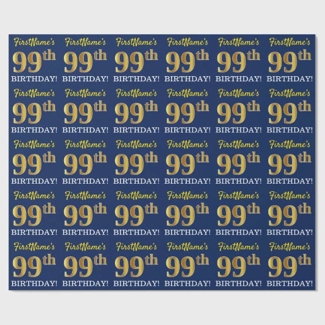 Papier Cadeau Bleu, Imitation Gold Look "99ème anniversaire" (Plat)