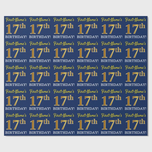 Papier Cadeau Bleu, Imitation or Look "17ème anniversaire" (Plat)