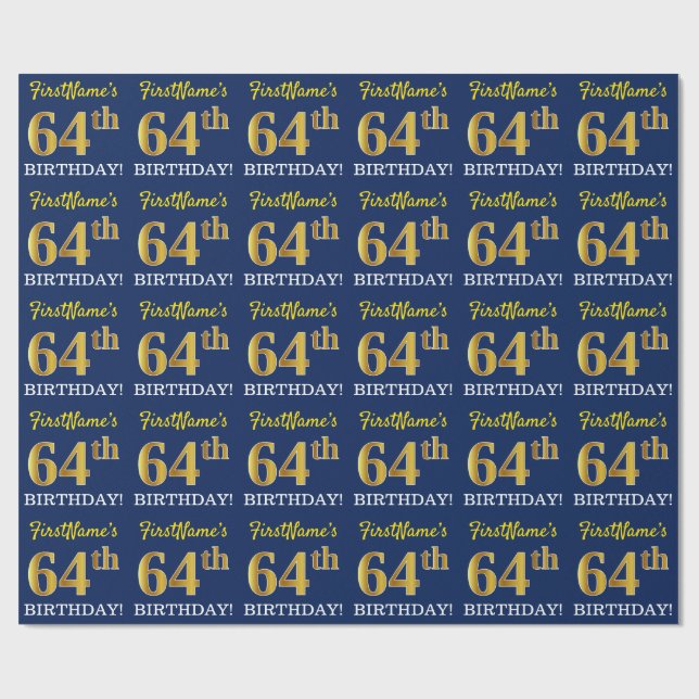 Papier Cadeau Bleu, Imitation or Look "64e anniversaire" (Plat)