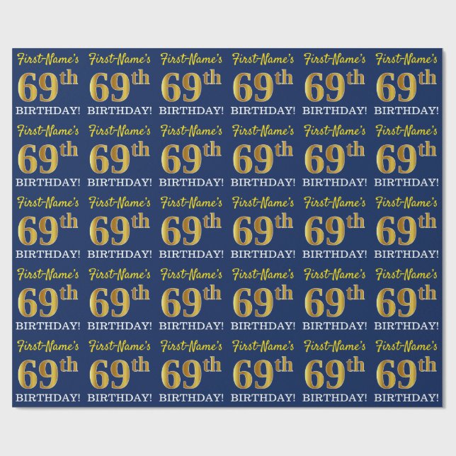 Papier Cadeau Bleu, Imitation or Look "69e anniversaire" (Plat)