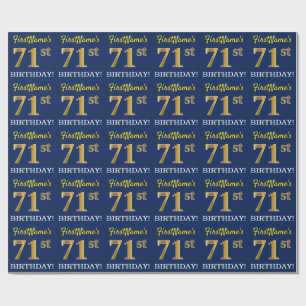 Papier Cadeau Bleu, Imitation Or Look "71ème anniversaire"