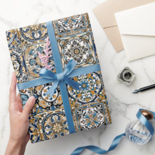 Papier Cadeau Bleu Jaune Blanc Noir Azuleju Espagnol Marocain