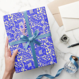 Papier Cadeau Bleu jaune médiéval unique ornement floral