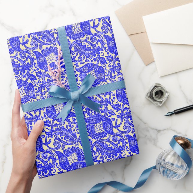 Papier Cadeau Bleu jaune médiéval unique ornement floral (Cadeaux)