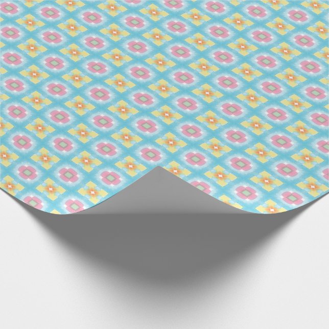 Papier Cadeau Bleu jaune rose 60s les années 70 fleurs à damiers (Coin)