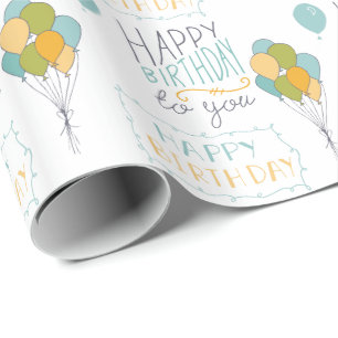 Papier Cadeau Bleu Jaune Vert Joyeux Ballons d'anniversaire