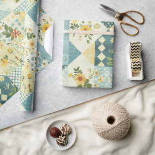 Papier Cadeau Bleu Jaune Vert Patchwork Gingham Cottagecore Flor