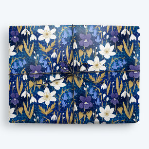 Papier Cadeau Bleu magique Illustré printemps floral