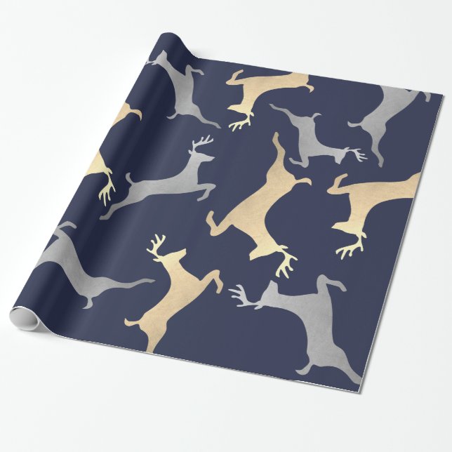 Papier Cadeau Bleu marine argenté de vacances de Noël de renne (Déroulé)