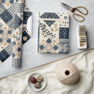 Papier Cadeau Bleu marine crème courtepoint Gingham Cottagecore 
