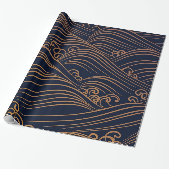 Papier Cadeau Bleu marine japonais de motif de vagues et brun (Déroulé)