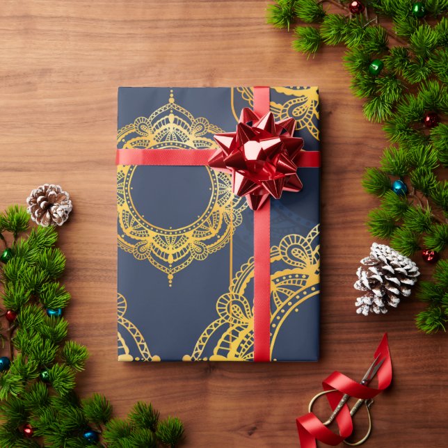 Papier Cadeau Bleu marine ou violet avec Mandalas or (Cadeau de vacances)