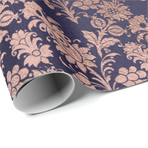 Papier Cadeau Bleu Marine Royal Argent Rose Gold Powder Floral