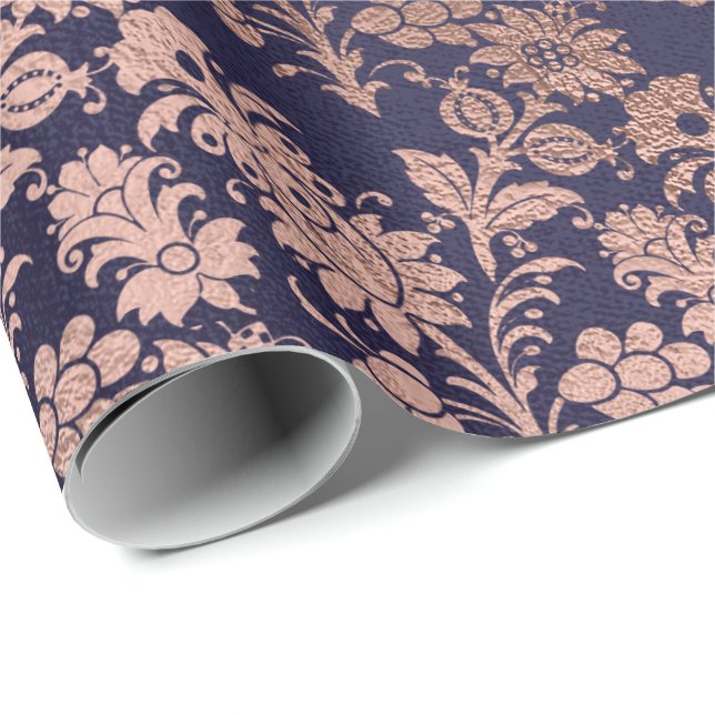 Papier Cadeau Bleu Marine Royal Argent Rose Gold Powder Floral (Coin rond)