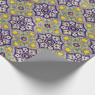 Papier Cadeau Bleu Méditerranée Motif Fleurs Jaunes